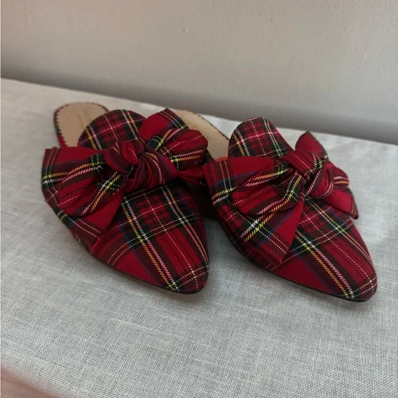 Plaid Red Mules with Statement Bow - Picture 2 of 3